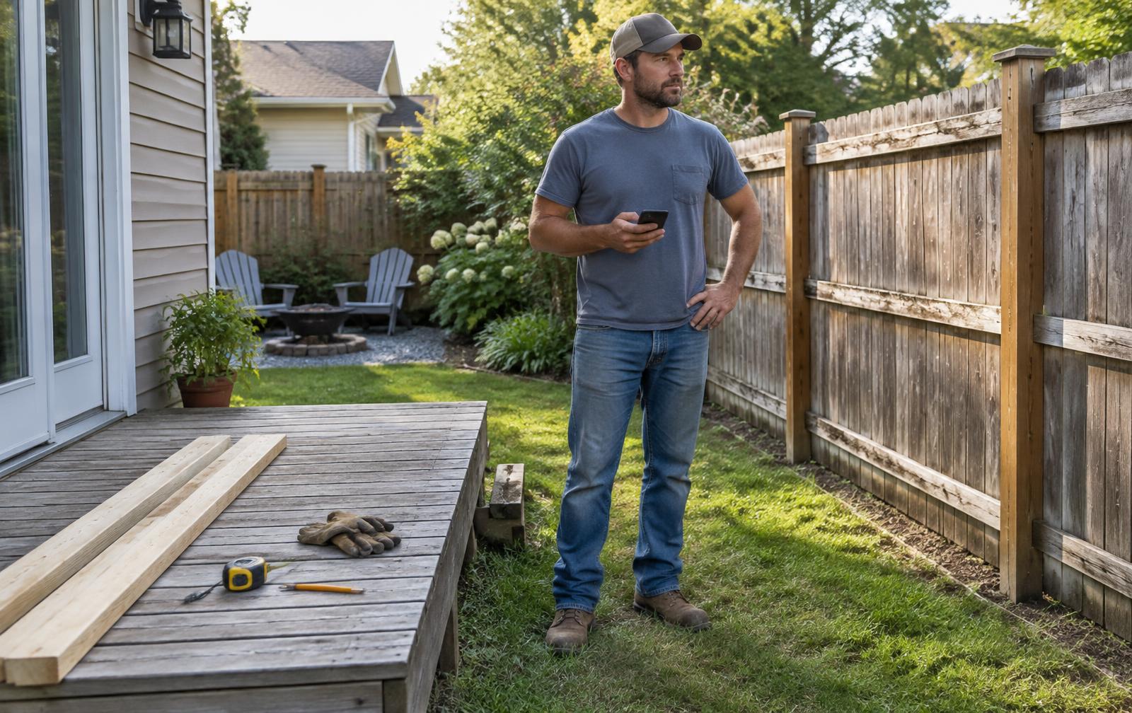 A homeowner using his phone to assess a backyard fence and deck project