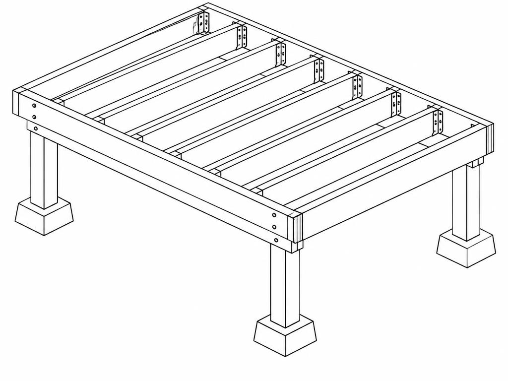 Deck frame: posts on footings, beams, and joists in hangers inside a rim joist