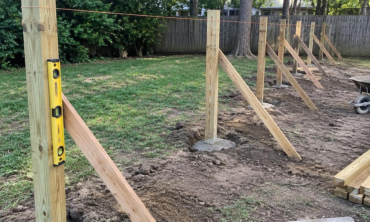 Fence posts set in concrete along a string line, braced plumb