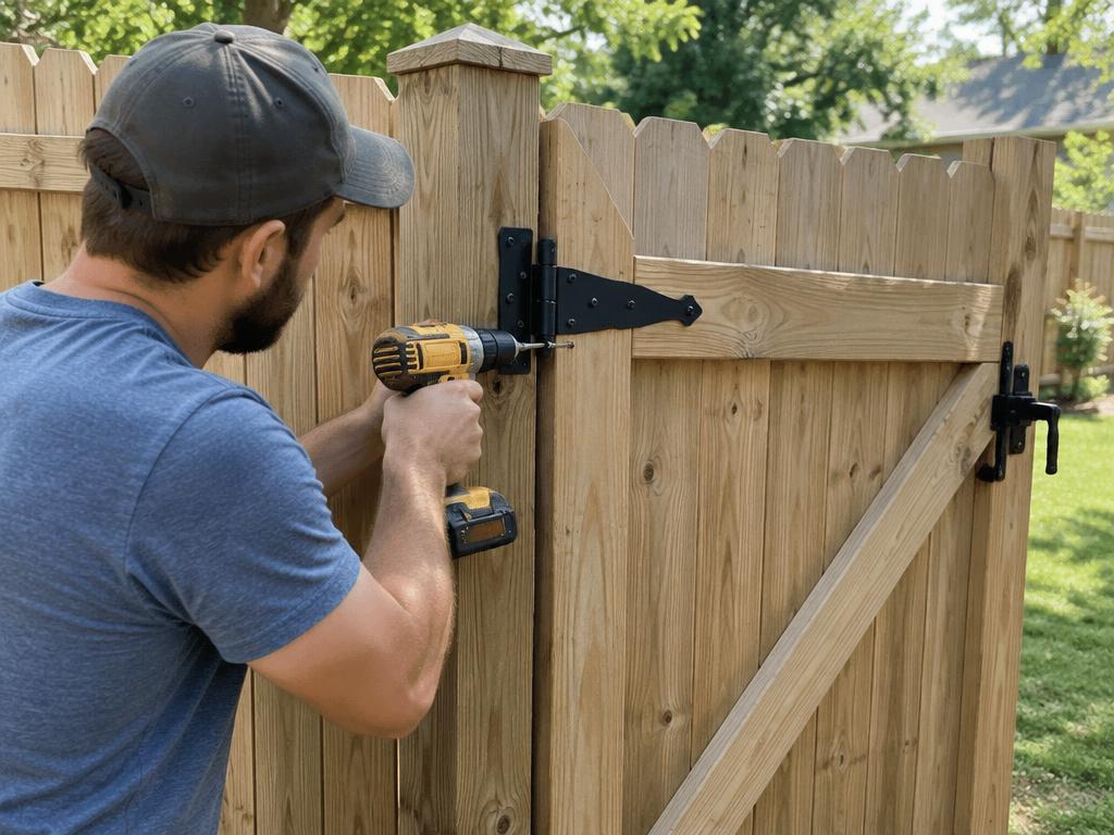 Screwing a strap hinge to a gate post while hanging a wood privacy gate with a latch