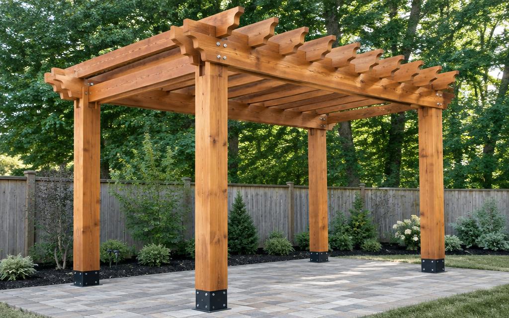 Pergola with doubled beams and rafters