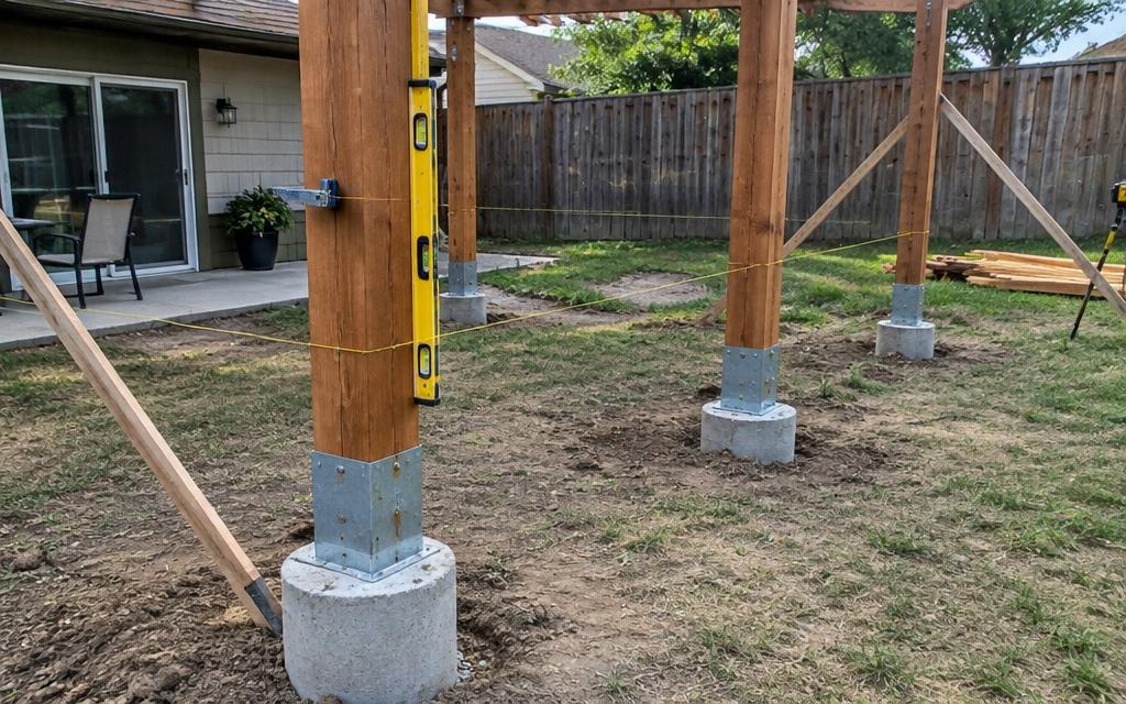 Pergola posts on concrete footings braced plumb