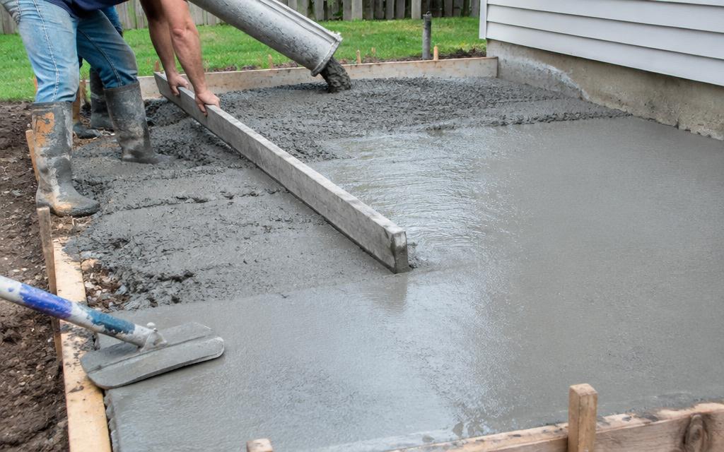 Screeding fresh concrete inside forms
